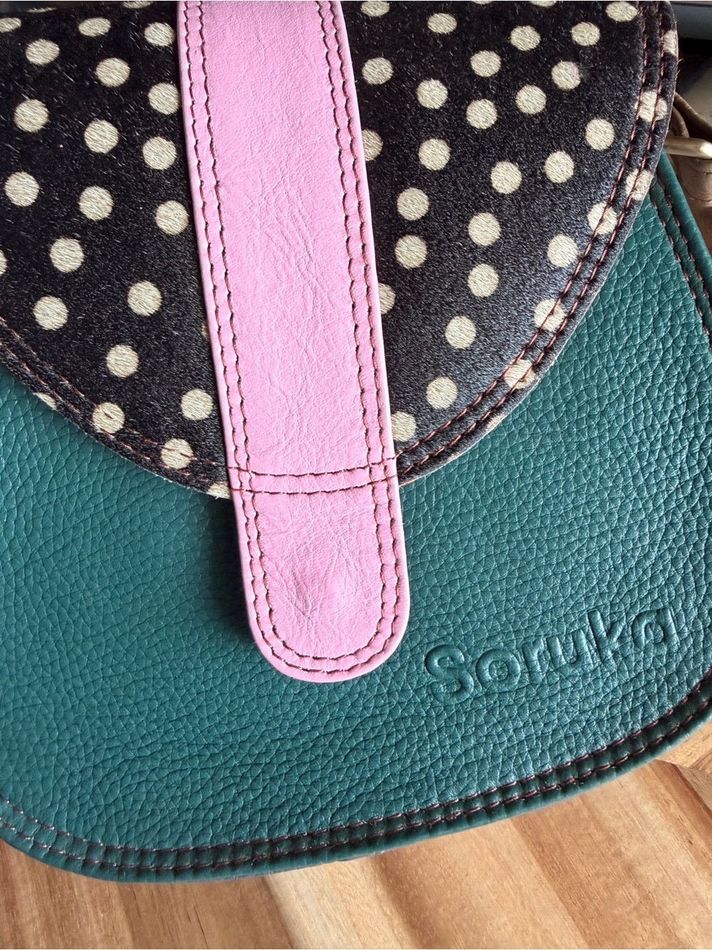 Teal Leather Crossbody Bag with Polka Dot Flap and Pink Accent - Picture 2 of 6